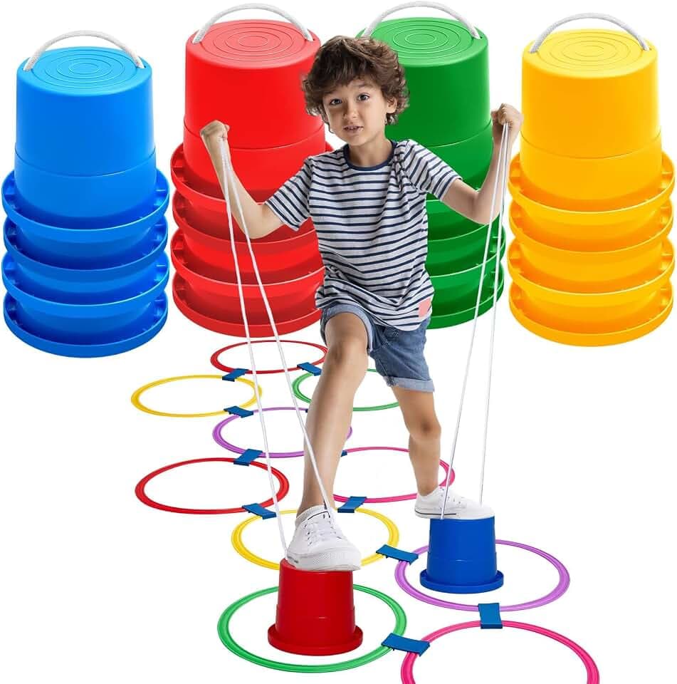Foilswirl 8 Pair Balancing Stilts for Kids and 1 Hopscotch Ring Game Set