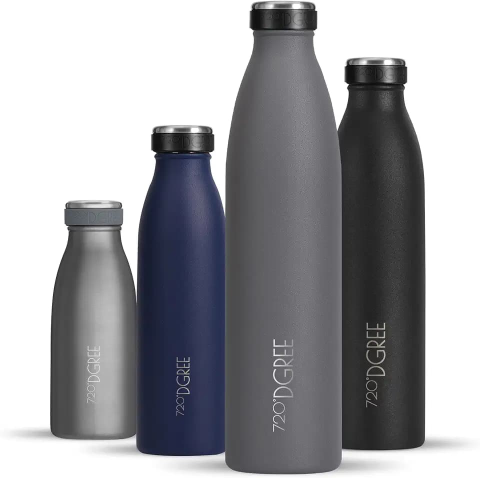 720°DGREE Edelstahl Trinkflasche 1L “milkyBottle” - 12h Heiß, 24h Kalt | Auslaufsicher bei Kohlensäure, BPA-Frei - Thermosflasche schmal, schlank edel - Ideal für Sport, Schule, Kinder, Job, Outdoor