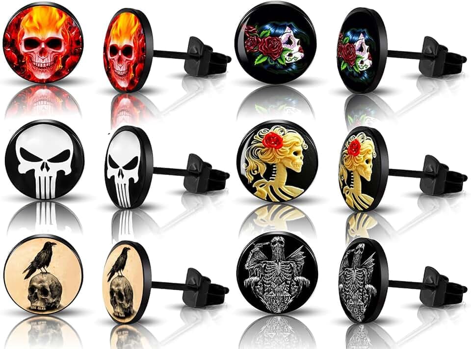 SIISPRI 6Pairs Skull Pattern Punk Rock Stud Earrings Mens Earrings Set Hypoallergenic Surgical Stainless Steel Round Circle Button Stud Post Earrings 10MM