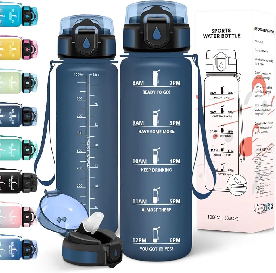 Motswedi Trinkflasche 1l, Kohlensäure Geeignet, Trinkflasche mit Strohhalm, Auslaufsicher, Wasserflasche, BPA-Frei, Flasche, Einhandöffnung, Trinkflaschen, für Fitness, Fahrrad, Outdoor,Dunkel Blau