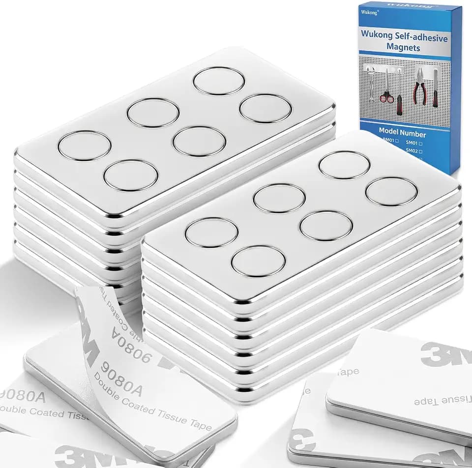 Wukong 12 Stück Selbstklebende Magnete Stark – Neodym Magnete mit 3M Kleber – Flache Klebemagnete 8x2mm mit Metallplatte 40x20x2mm – Magnetband für Schule, Büro, Werkstatt