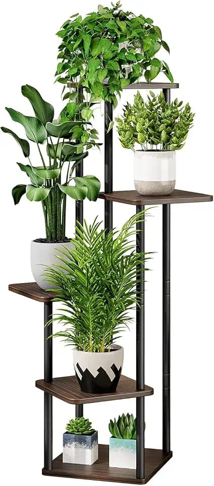 Blumenständer 5-stufiges Pflanzenregal aus Metall für mehrere Pflanzen, hohe Eckblumenhalter für Terrasse, Garten, Wohnzimmer, Balkon, Schlafzimmer (Schwarzeiche, 5-stufiges)