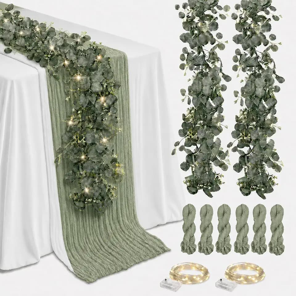 Cinrobiye 11pcs Cheesecloth Table Runner Set 120 Inch – Gauze Table Runner with Napkins, Eucalyptus Garland & String Lights for Wedding Baby Shower Table Decor, Rustic Boho