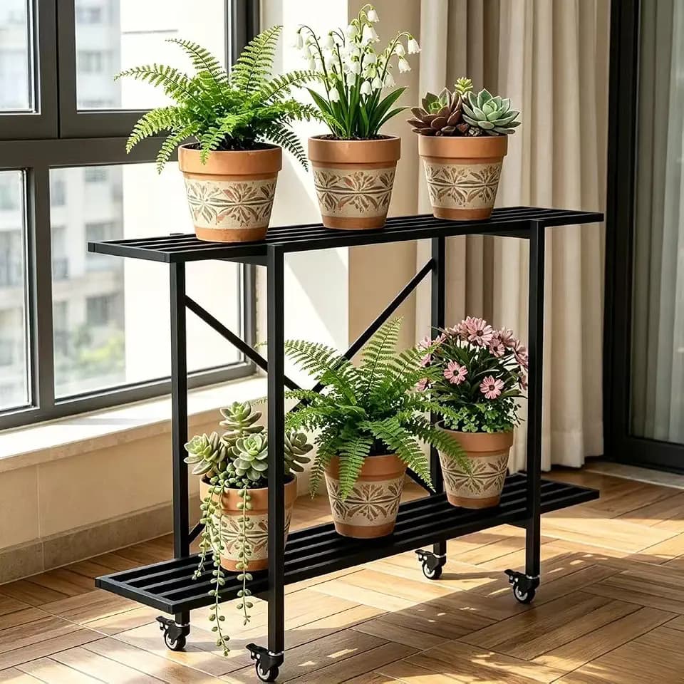 Zhongma 2 Tier Window Height Metal Plant Stand with wheels easy assembly