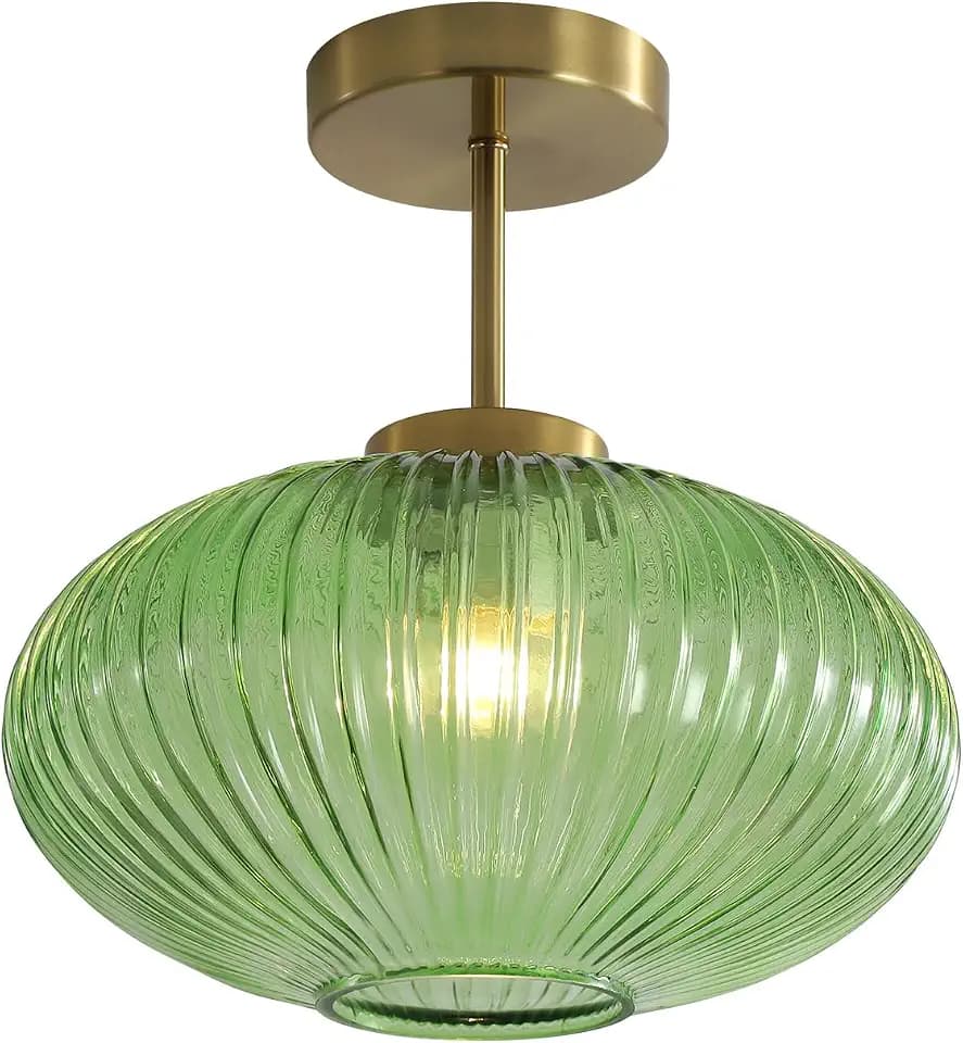 KCO Brushed Gold 11.8” Green Ribbed Glass Semi Flush Mount Ceiling Light