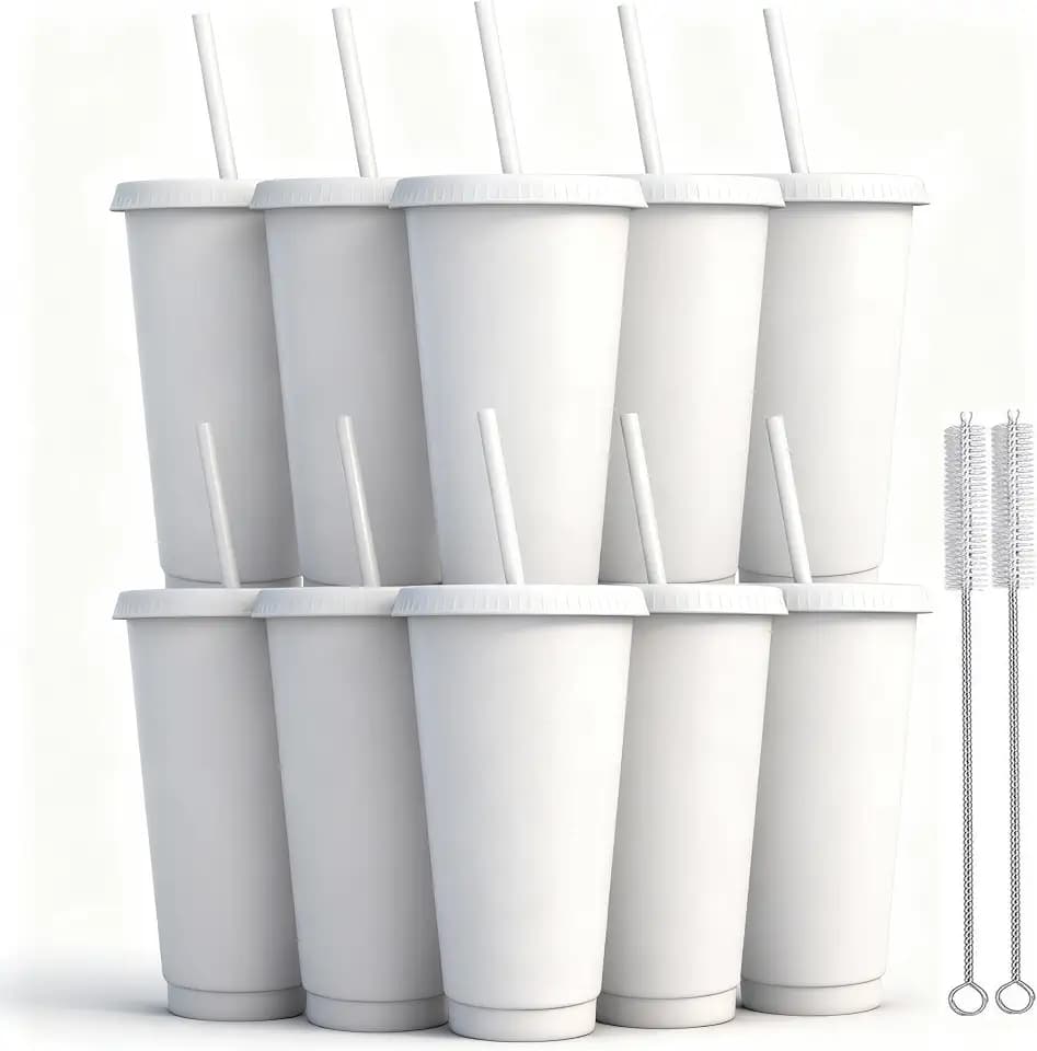 10 Stück Trinkbecher mit Deckel und Strohhalm, 710ml Wiederverwendbare Plastikbecher mit für Smoothies, Kaffee, Party und Reise (10, Weiß)