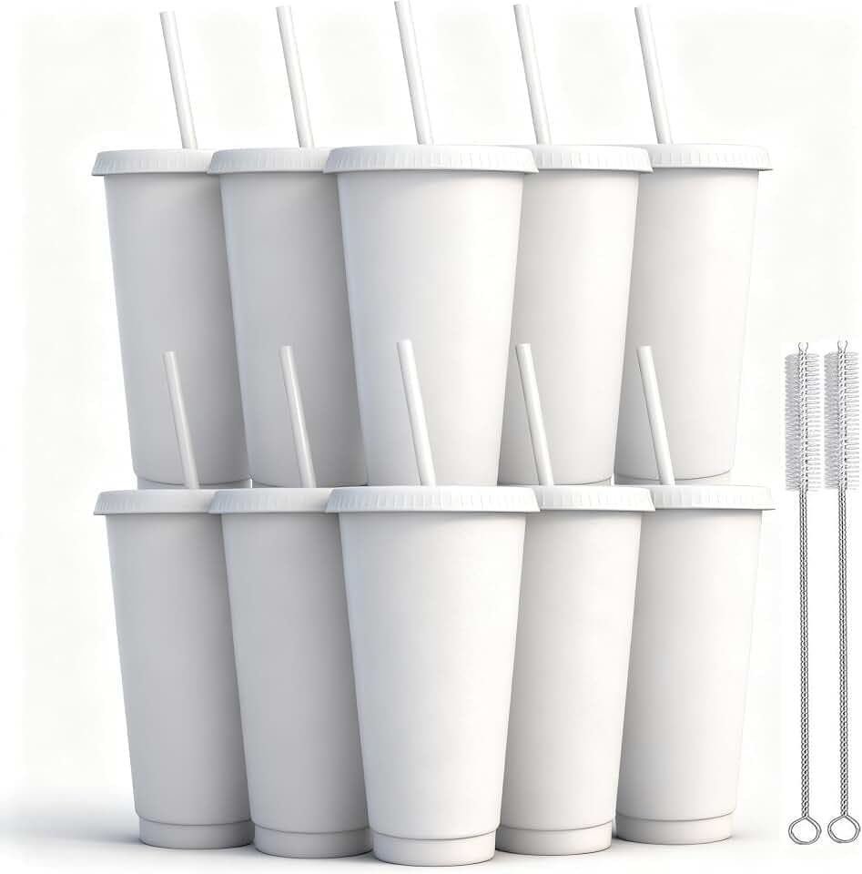 Wiederverwendbare Kunststoffbecher, 680 ml, 10 Stück, kalte Becher mit Deckel und Strohhalm, Reisebecher für Erwachsene und Kinder, Party und Strand, Poolversammlungen (10, weiß)