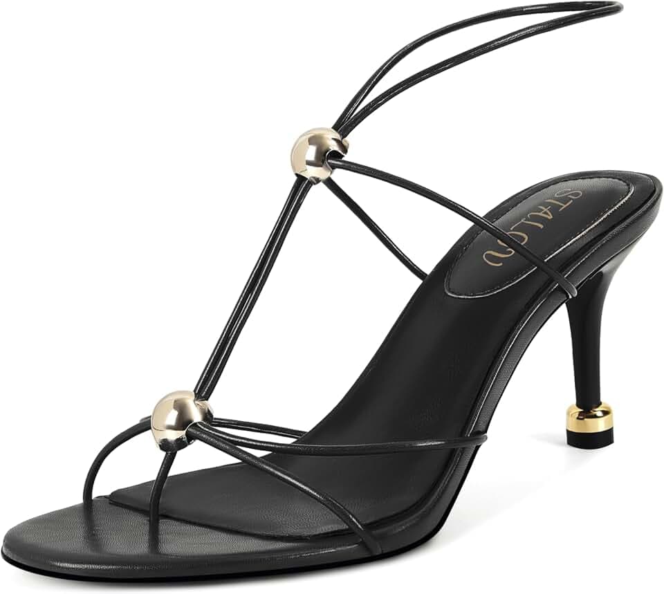 STALOV Strappy Heeled Sandals for Women Round Open Toe Slingback Thong Flip Flop Heels Comfortable Party Dress Shoes with Metal Buckle