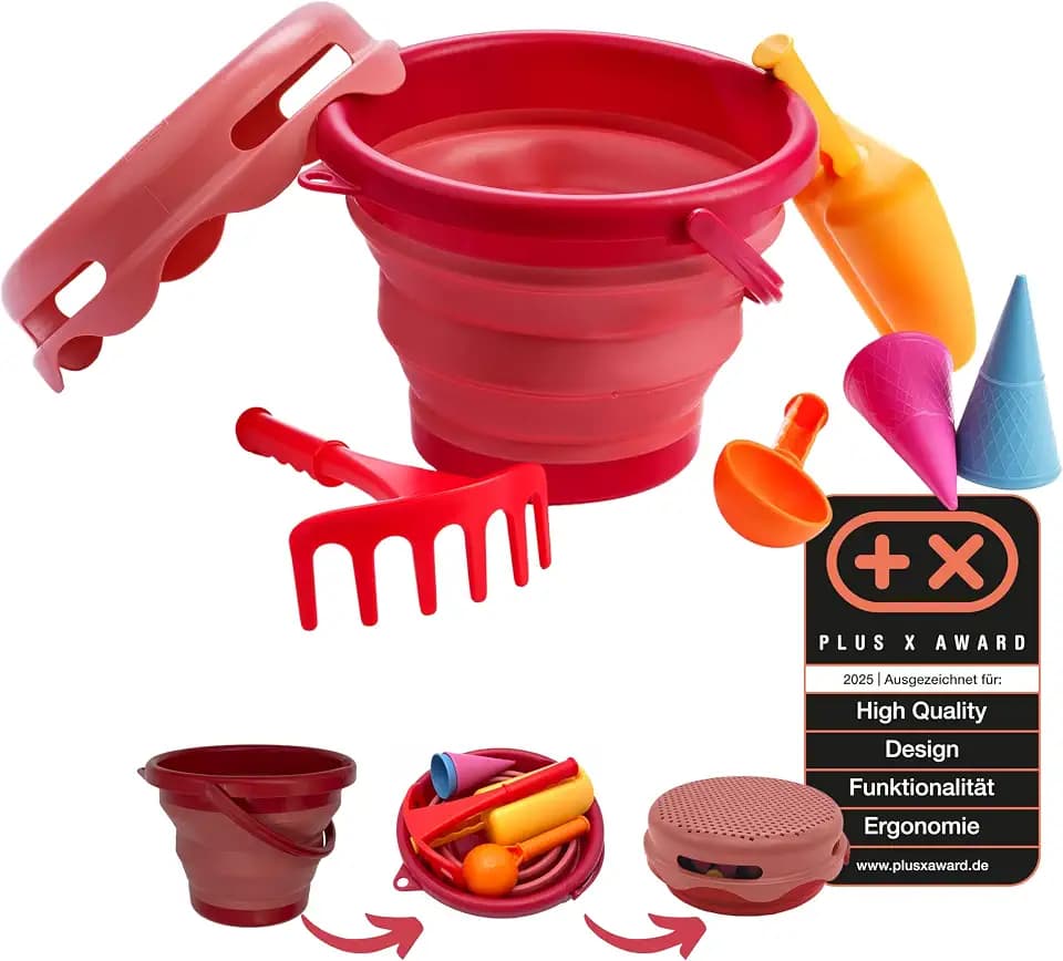 Schildkröt 7in1 Sand Toys Set, innovatives Sand-Spielset im Handtaschenformat, kompakt und platzsparend, Faltbarer 3 Liter Eimer mit 6 Sandspielzeugen zum Graben, Formen, Sieben und Rechen, 970245