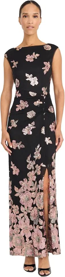 Maggy London Women's Sequin Floral Maxi Dress Sleeveless Boat Neck Formal Evening Wedding Guest Dresses