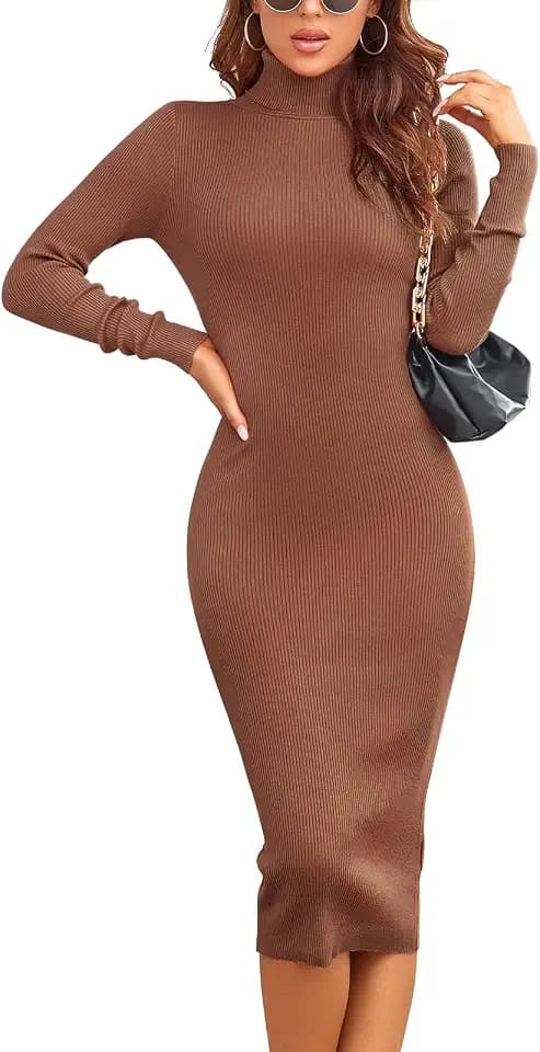 Rocorose Women's Turtleneck Ribbed Elbow Long Sleeve Knit Sweater Dress