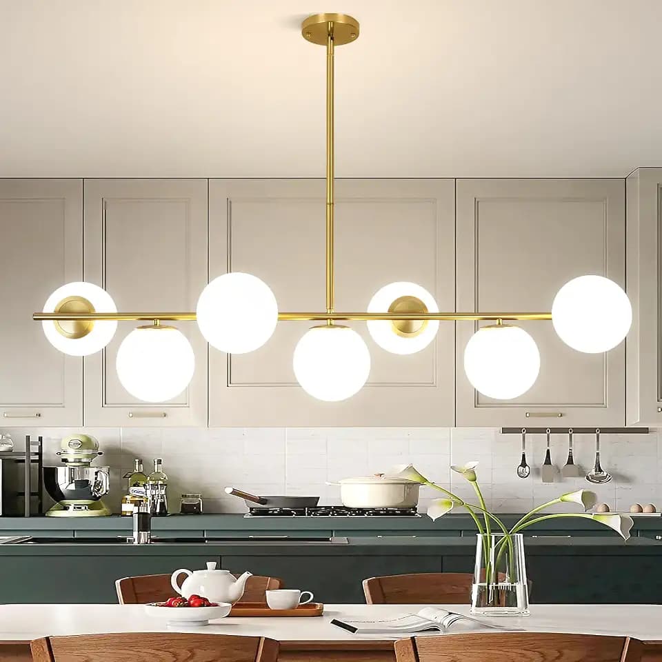 KELUOLY Linear Chandelier for Dining Room, 7-Light Gold Mid Century Pendant Light, 45" Modern Sputnik Kitchen Light Fixture Brushed Brass Finish with White Glass Lampshade for Office, Cafe, bar