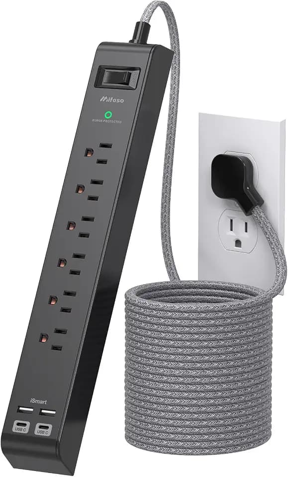 Flat Plug Extension Cord, Surge Protector Power Strip 15FT, 10-in-1 with 6 AC Outlets 4 USB Ports(2 USB-C), Extension Cord with Multiple Outlets, Wall Mountable, 1080J Surge Protection, Black