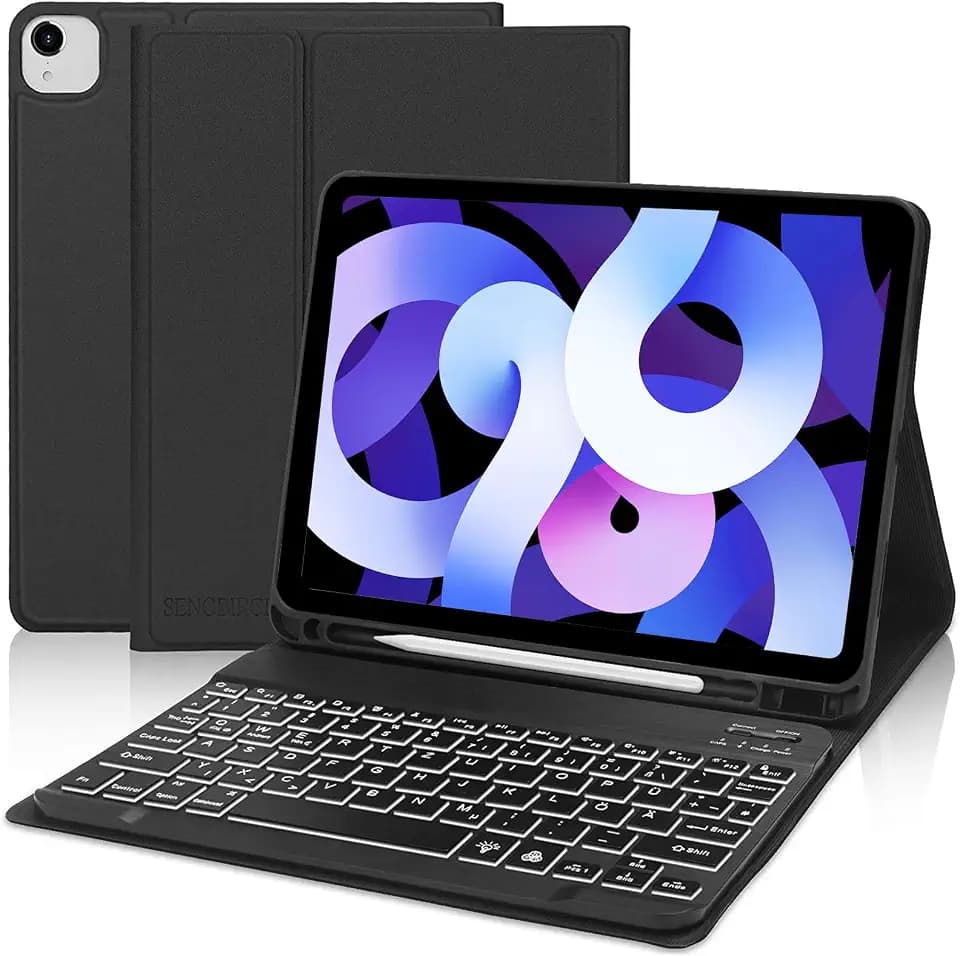 SENGBIRCH Bluetooth Tastatur Hülle für iPad Air 5/4 & Pro 11 1-3 Generation - Beleuchtete Schutzhülle Mit Deutschem Layout - Schwarz