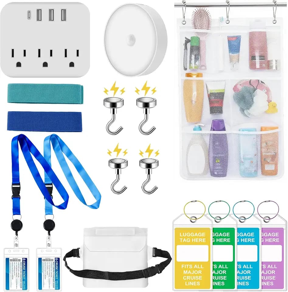 Cruise Essentials 2026 - Cruise Ship Essentials Kit with Magnetic Hooks, USB Night Light, Luggage Tag, Lanyard Holder, Waterproof Fanny Pack, Shower Organizer, Towel Bands -Travel Essentials