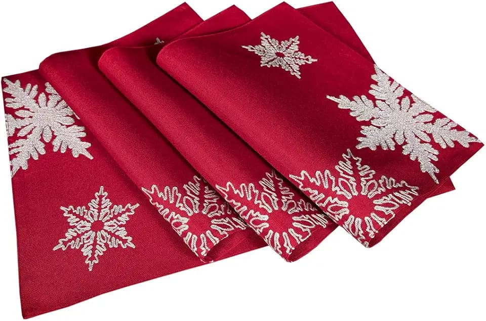 Glisten Christmas Placemats, Set of 4, 14" x 20", Red 100% Polyester, Embroidered Snowflake Rectangular Table Mats, Machine Washable
