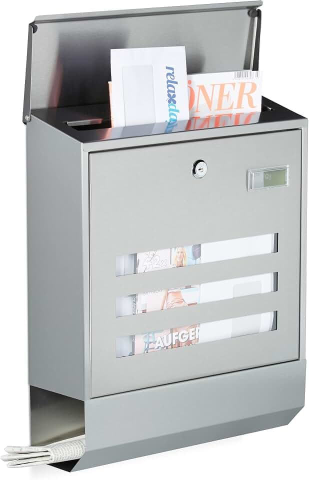 Relaxdays Briefkasten Edelstahl mit Zeitungsfach, Namensschild, HxBxT: 42 x 35 x 12,5 cm, Postkasten, Design, silber