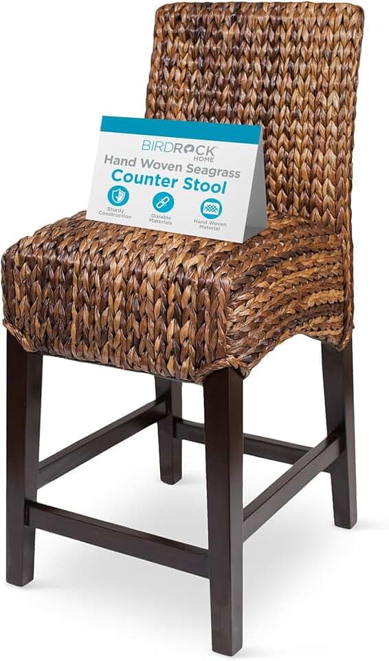 BIRDROCK HOME Bar Stool with Handwoven Seagrass Seat, Espresso, 38.75”
