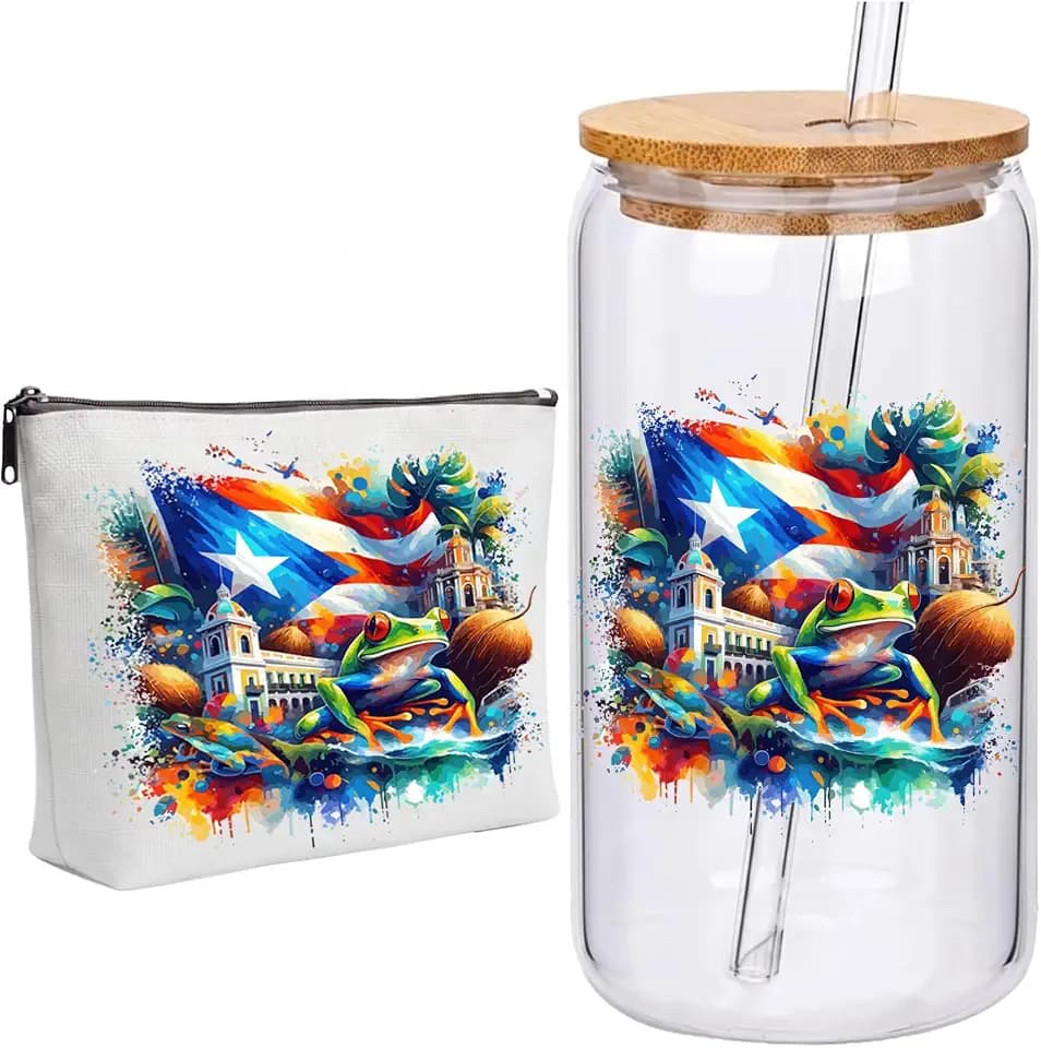 Puerto Rican Party Decorations - 2PCS Puerto Rico Gifts Makeup Bag and 16oz Glass Tumbler with Bamboo Lid and Straw, Boricua Cultural Souvenir Accessories