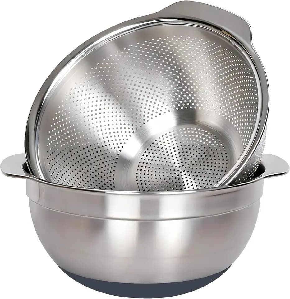 304 Stainless Steel Colander and Strainer, 5QT Large Capacity and 6QT Mixing Bowl, Micropore for Washing Rice, Fruit, and Cooked Pasta, Perfect Draining for Grain and Bean