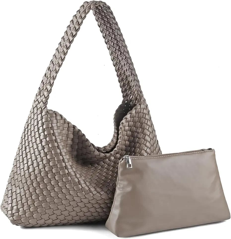 Woven Tote Bags for Women Soft Vegan Leather Shoulder Handbag Slouchy Hobo Bag with Vanity Purse (Grey)