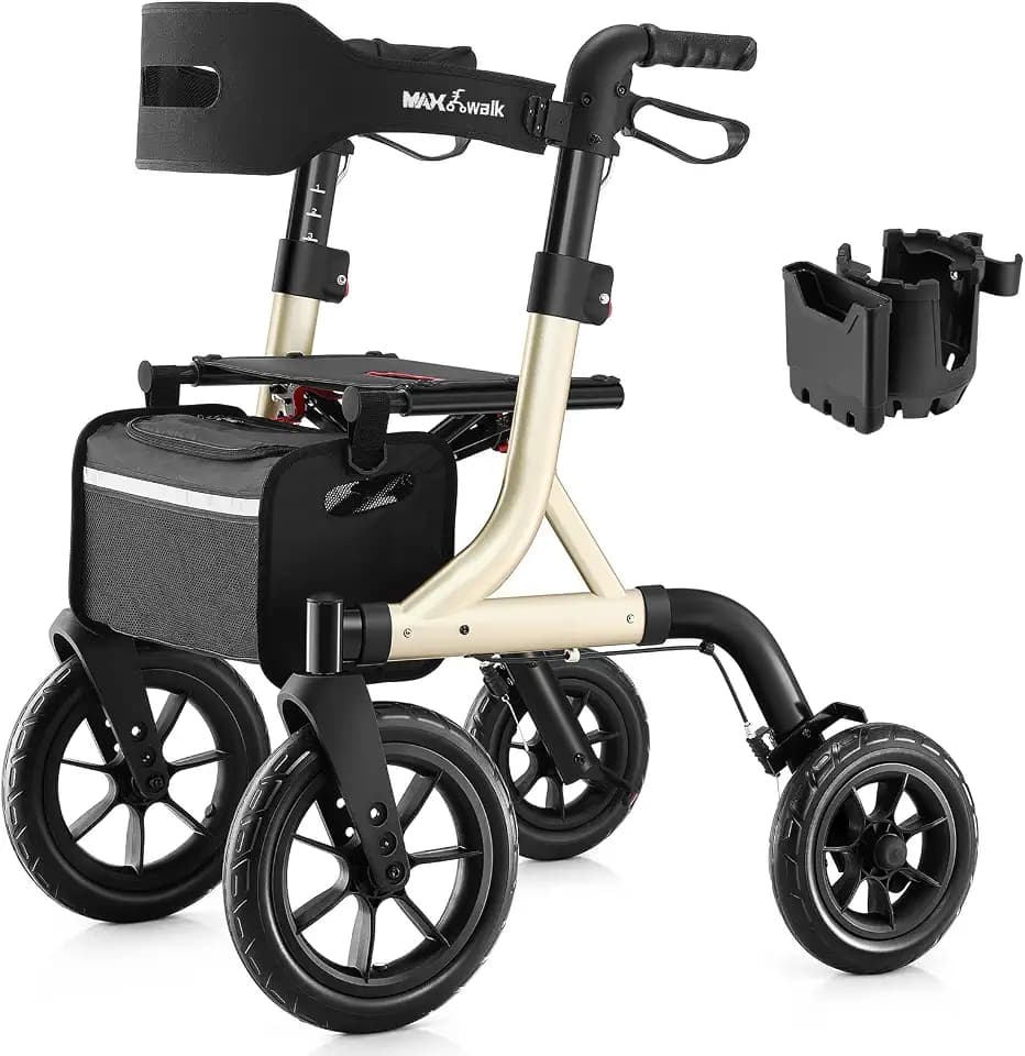 MAXWALK Rollator Walker for Seniors with Seat, 12" All Terrain Wheels, Gold