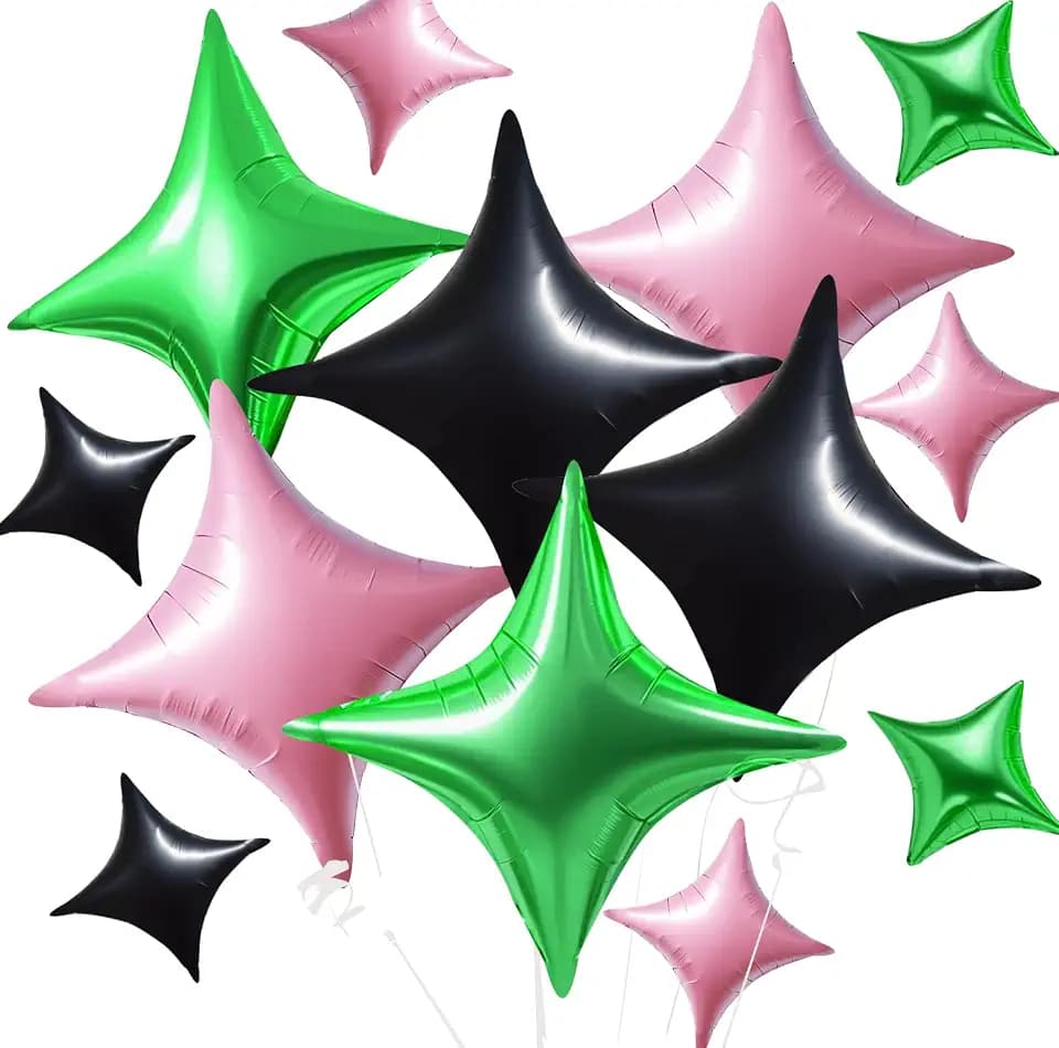 TONIFUL 30Pcs Four Pointed Star Balloon Light Pink Green Black Foil Balloon