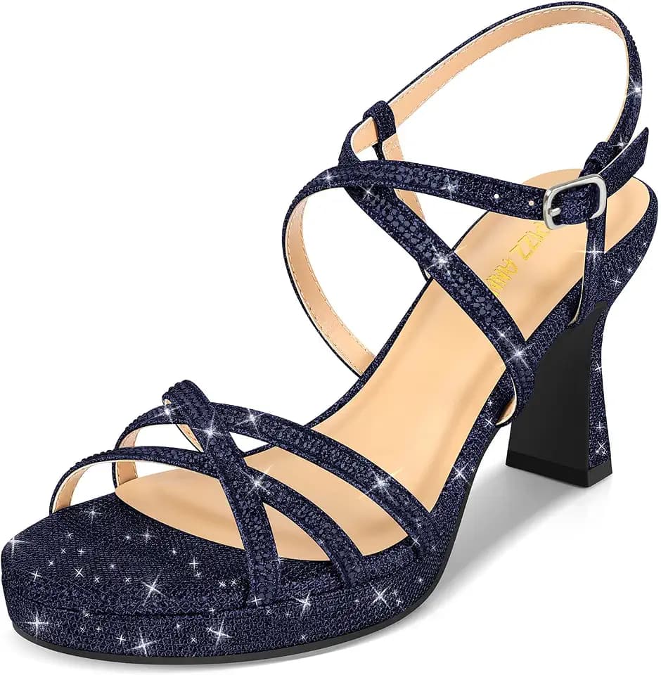 PIZZ ANNU Women's Stellora Platform High Heels Block Chunky Strappy Sparkly Rhinestone Open Toe Ankle Strap Dress Pump Sandals Shoes for Party Wedding
