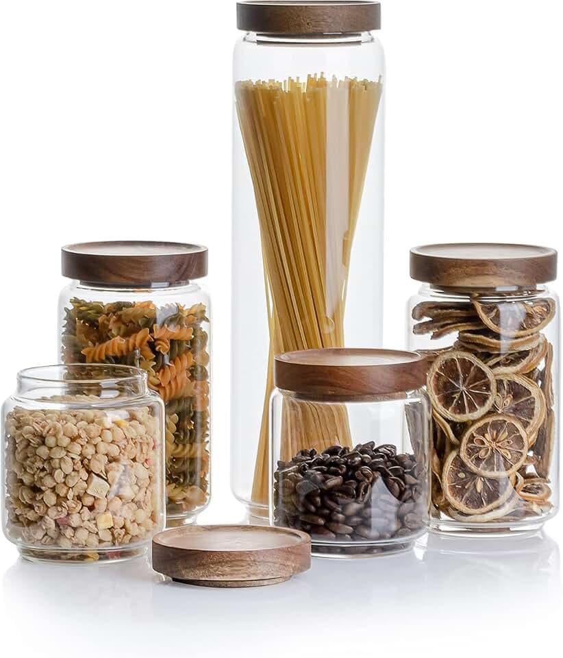 Kanwone Airtight Food Storage Containers with Bamboo lids set of 5, Stackable Food Storage Containers, Glass Canisters for Pantry, kitchen, Flour, Sugar, Tea, Coffee, Pasta, Cookies, Rice and Spice