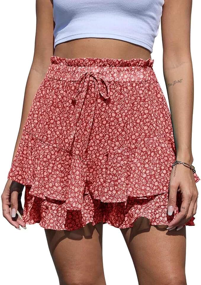 Yutdeng Shorts Damen Sommer Lässig Rock mit Hose Drunter Boho Chiffon Shorts Leicht Hosenrock Kurze Hose Elastische Taille Minirock Blumen Rüschen Strandshorts Locker Sommerhose Freizeit mit Kordelzug