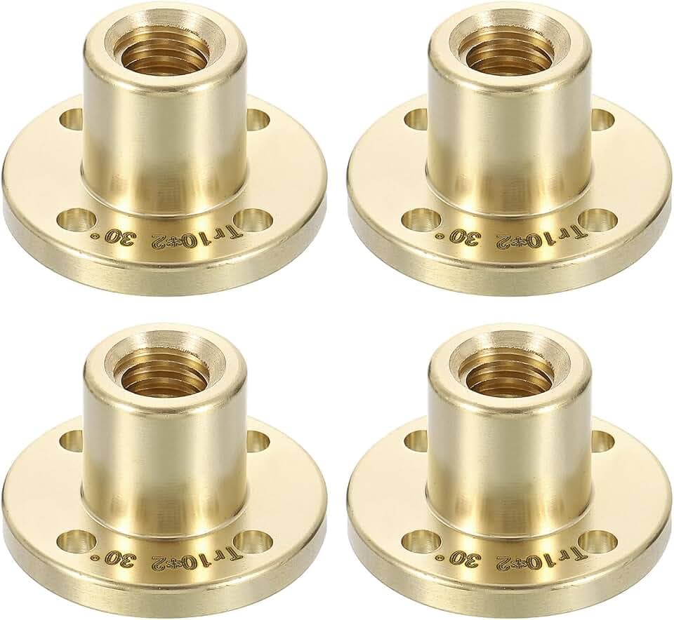 QUARKZMAN 4 Stück Tr10x2 1-Gängige Messing Flanschmutter, 2mm Teilung​2mm Steigung Trapezgewinde-Spindelmutter mit 4 3.8mm Bohrungen, 32mm AD x 19mm Dicke