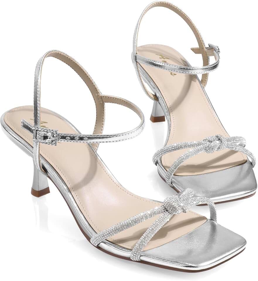Ankis Kitten Heels Rhinestone Strappy Sandals Dress Shoes for Prom Wedding