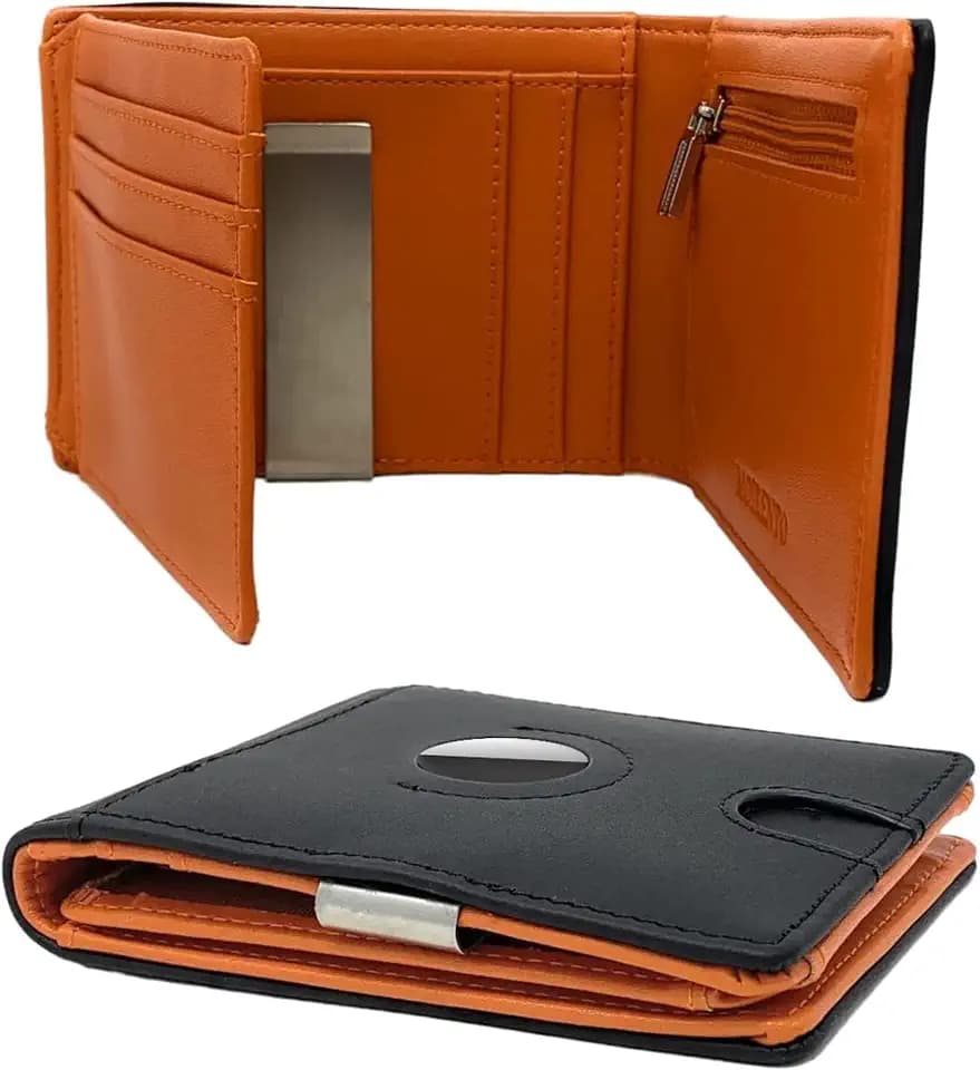 Schlanke AirTag-Geldbörse aus Leder für Herren, RFID-blockierender Kartenhalter, UK-Orange, Schwarz