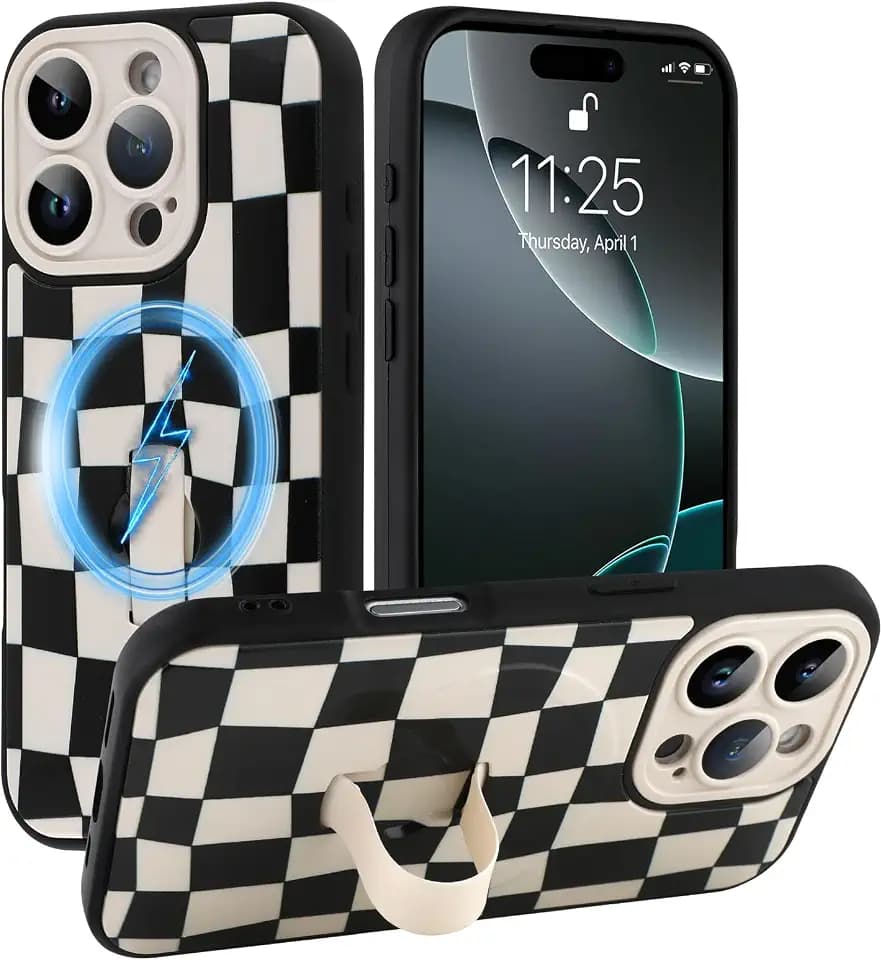 SOKAD Magnetic Checkered Case for iPhone 16 Pro Max with Finger Strap Stand