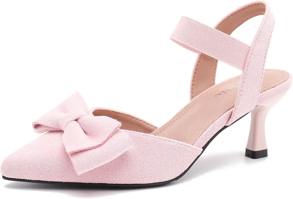 fereshte Women's Bow Pointed Toe Slingback Low Kitten Heels, Elastic Strap Slip On Pumps