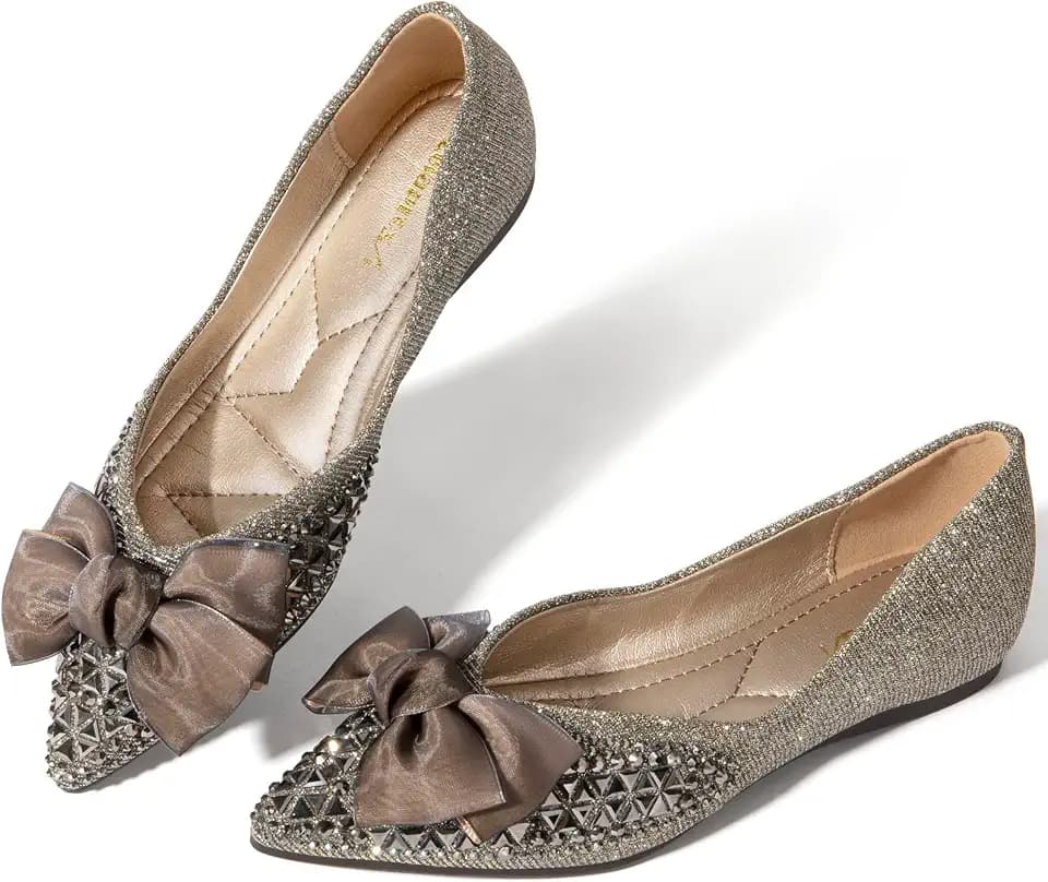 Women's Flats Shoes Rhinestone Pointed Toe Flats Comfort Low Wedge Dressy Flats Silver Bowknot Flats Light Weight Casual Ballet Shoes