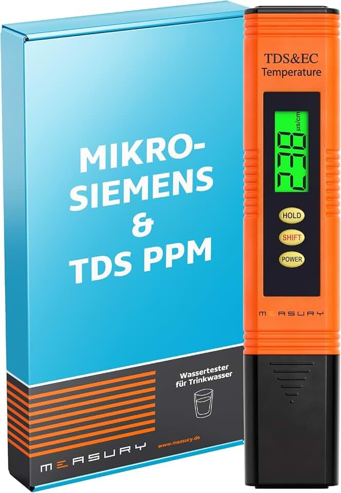 Measury TDS Messgerät Wasser - EC Messgerät - Leitfähigkeitsmessgerät | Mikrosiemens Messgerät, PPM Messgerät, Wassertester Trinkwasser, Leitwertmessgerät Aquarium Osmose, 3in1 TDS EC Temperatur