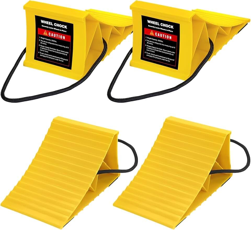Wheel Chocks for RV Trailer, 4 Pack Non Slip Wheel Chocks for Travel Trailers with Rope for Easy Removal, Lightweight Plastic Wheel Stoppers Block for Camper Cars Trucks