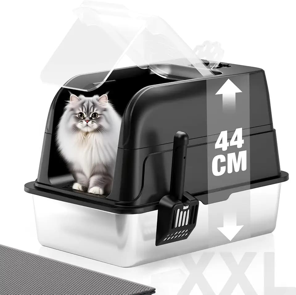 Edelstahl Katzenklo, XXL Katzenklo mit Deckel, Leicht zu Reinigen, Katzentoilette mit Hohem Rand aus Metall, 120° Vollständig Transparentem Klappdeckel, Schaufel und Matte – Schwarz