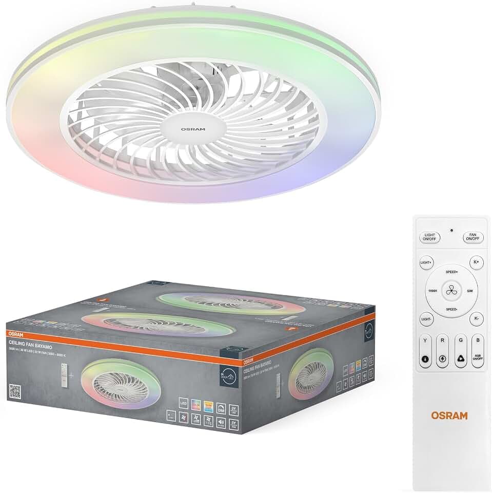Osram LED-Deckenventilator Bayamo 590mm, 58 W, 2530 lm, CCT 3000-6500 K, RGB, 110° Abstrahlwinkel, 1935 m³/h Luftstrom, 50000 h Lebensdauer, dimmbar, Fernbedienung
