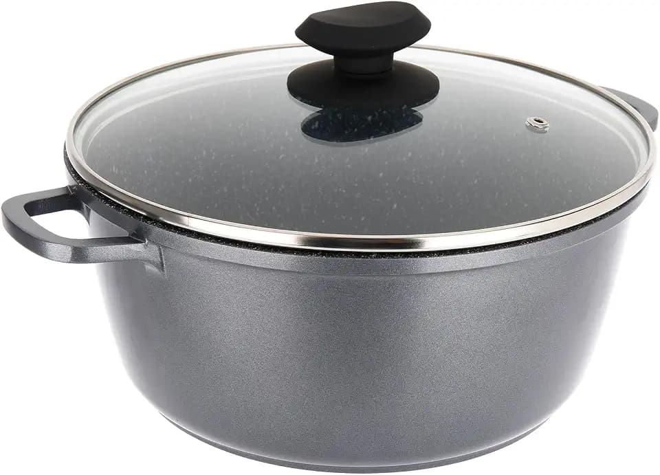 Sitram 714222 Kochtopf aus Aluminiumguss, innen in Steinoptik, Ø 24 cm, Höhe 11 cm, Antihaftbeschichtung, 2-lagig, ohne PFOA, Dampfdeckel aus Glas, Griffe aus Aluminiumguss – für alle Herde, auch