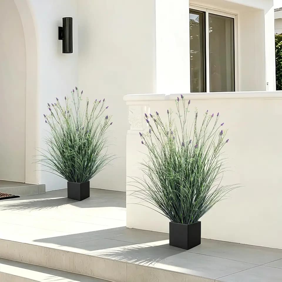 2 pack fake lavender faux plastic plantas synthetic pampas grass indoor outdoor realistic floor plants Lifelike Artificial Tall Grass Plant for home Office Wedding patio decor Housewarming Gift