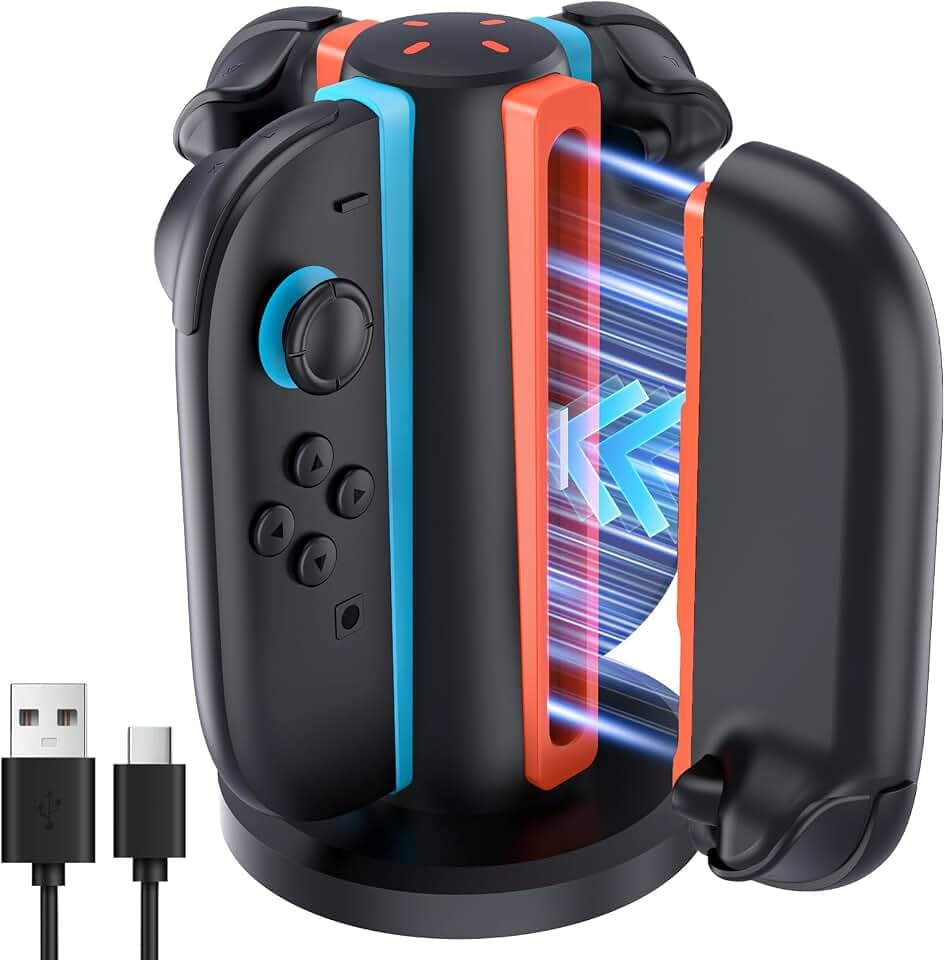 AceGamer 4-In-1 Charging Dock for Nintendo Switch 2 Joy-Con in Any Direction, 4-Port Magnetic Charging Station, Vertical Fast Charging Stand with LED Indication and USB Type-C Charger Cable, Black