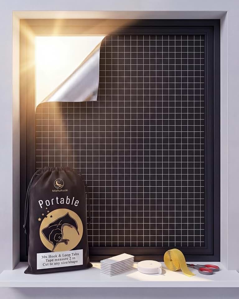 Verdunklungsfolie Fensterfolie 30 Klettverschlüsse Sonnenschutz Zuschneidbar Ohne Bohren für Schlafzimmer Dachboden Auto und Reisen Schwarz Gitter 300x145cm