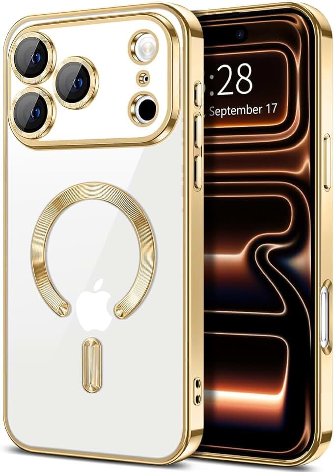 Hython Magnetic Clear for iPhone 17 Pro Max Case with Camera Lens Protector [Compatible with MagSafe] Plating Edge Slim Soft TPU Cover Protective Phone Case for iPhone 17 Pro Max 6.9", Gold