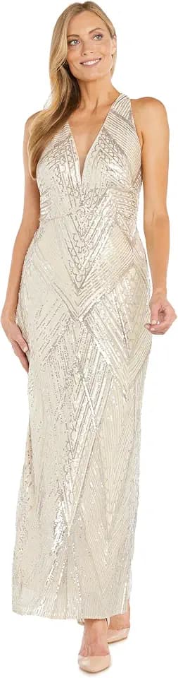 R&M Richards Women's Elegant Long Sequin Geometric Halter Gown W/Illusion Neckline & Keyhole Back