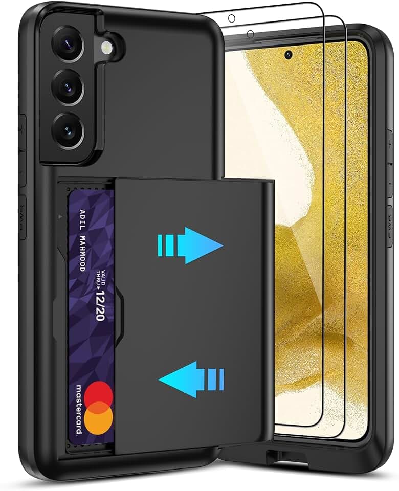 for Galaxy S22 Wallet Case with Card Holder and (2 Pcs) HD Screen Protector, Slim Heavy Duty Dual Layer Shockproof Design & Hidden Card Slot Wallet Case for Samsung Galaxy S22-Black