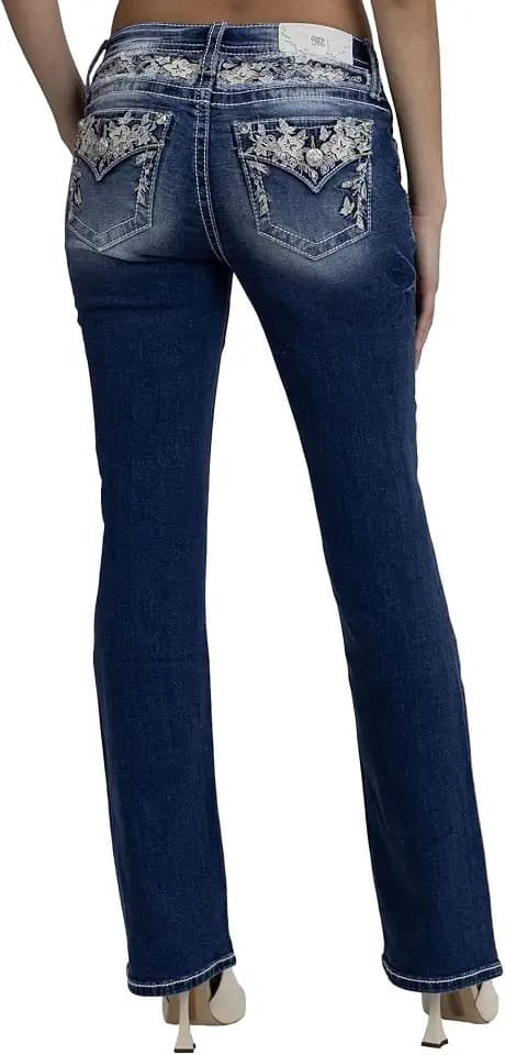 Miss Me Women's Botanical Embellished Faux Flap Pockets Mid-Rise Bootcut Jeans