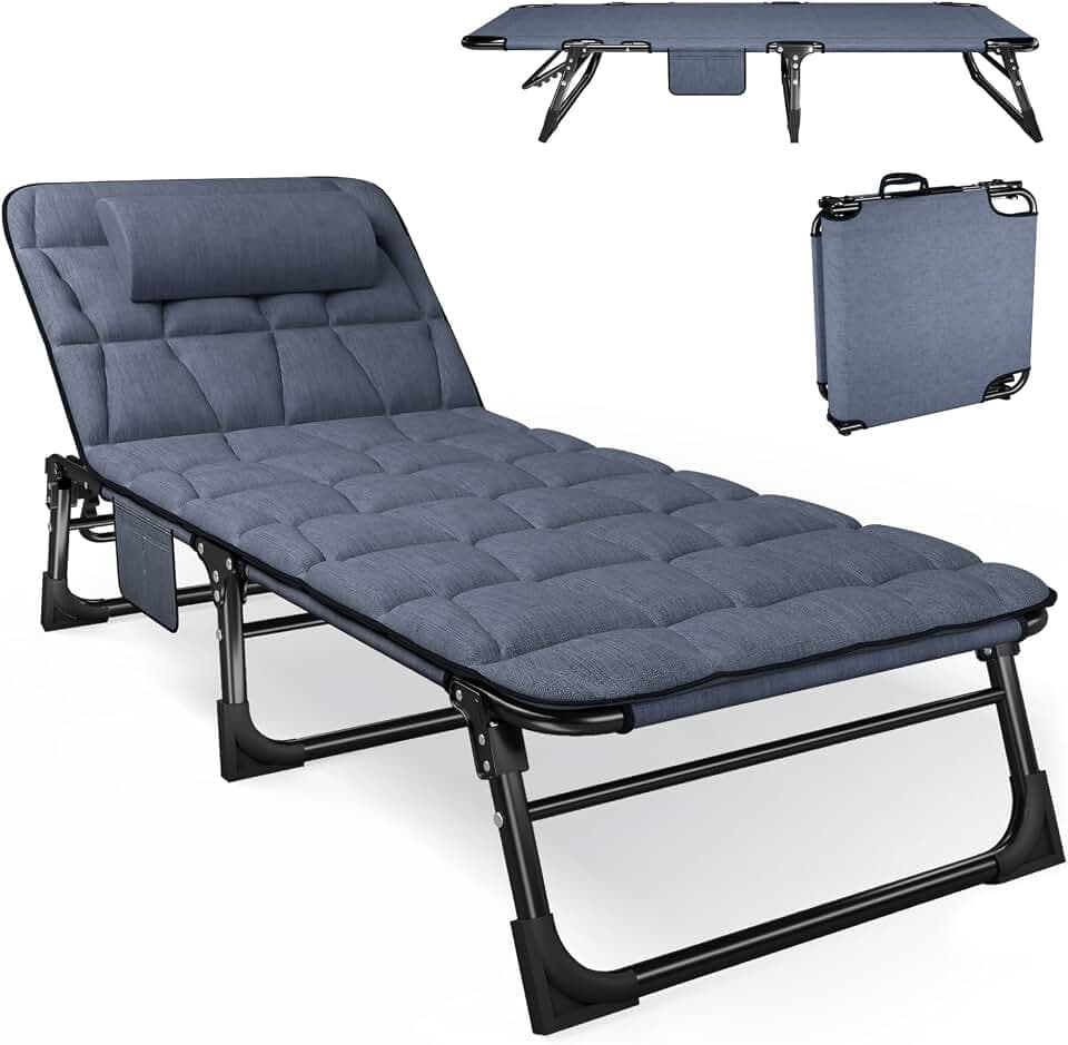 ATORPOK SHOP klappbare Sonnenliege mit 4 Positionen verstellbaren Rückenlehnen, tragbare vielseitige Campingbett-Liegestuhl-Kombination für Garten, Pool, Patio, gepolsterter Matratze & Kissen - Blau