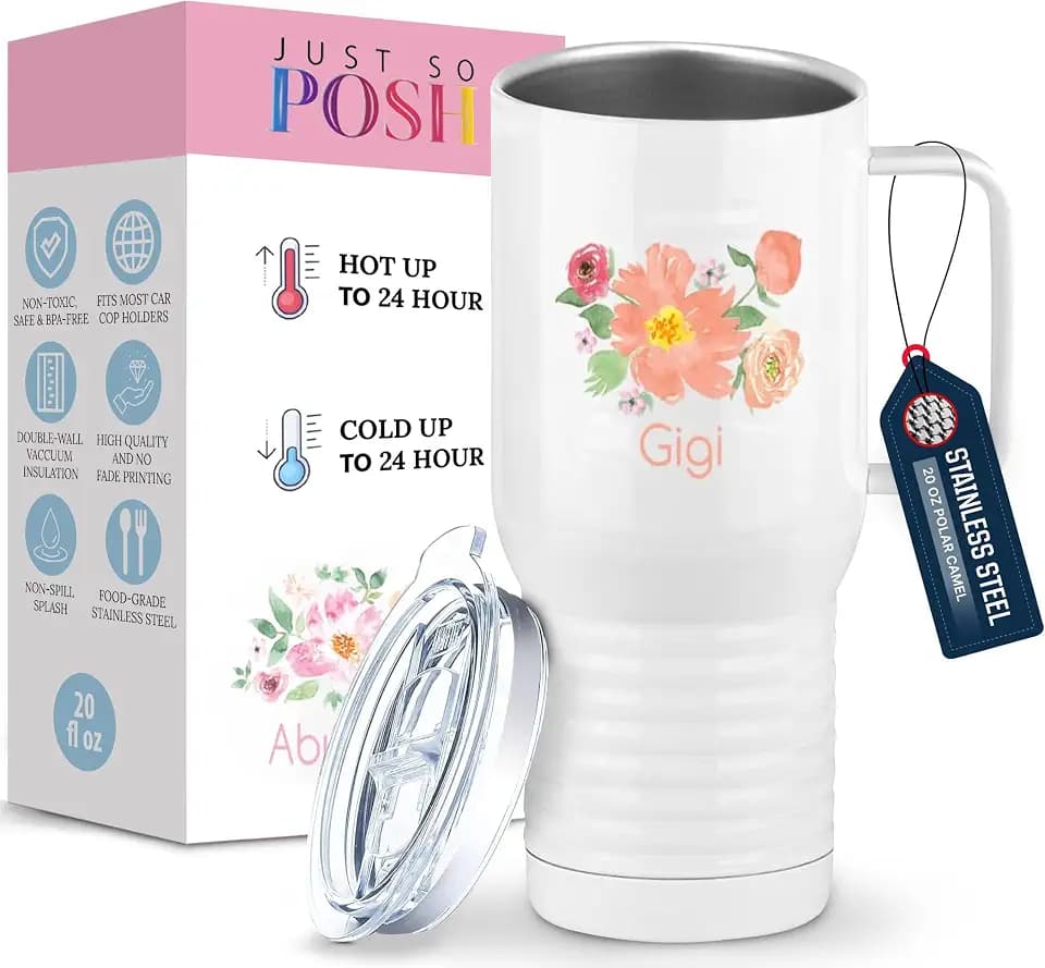 Just So Posh Gigi Flowers Tumbler, 20 oz Travel Coffee Mug with Handle & Straw Lid, Stainless Steel Insulated Coffee Tumbler, Gift for Grandmother